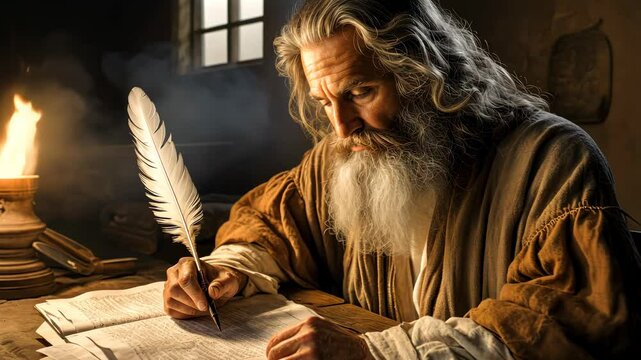 The apostle of Jesus Christ writing the book of Revelation inspired by the Holy Spirit 4K