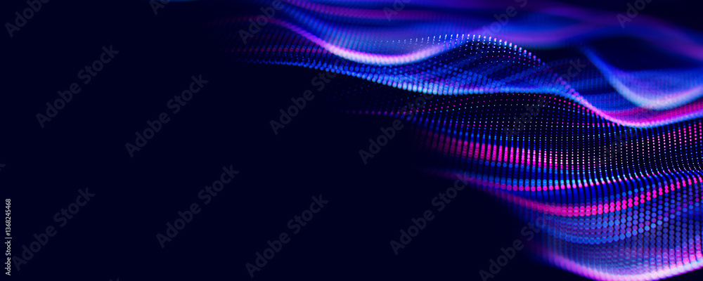 Poster Abstract wave of particles. Big data digital flow concept. LLM learning process, AI technology. Quantum computing. 3d render illustration with place for text
