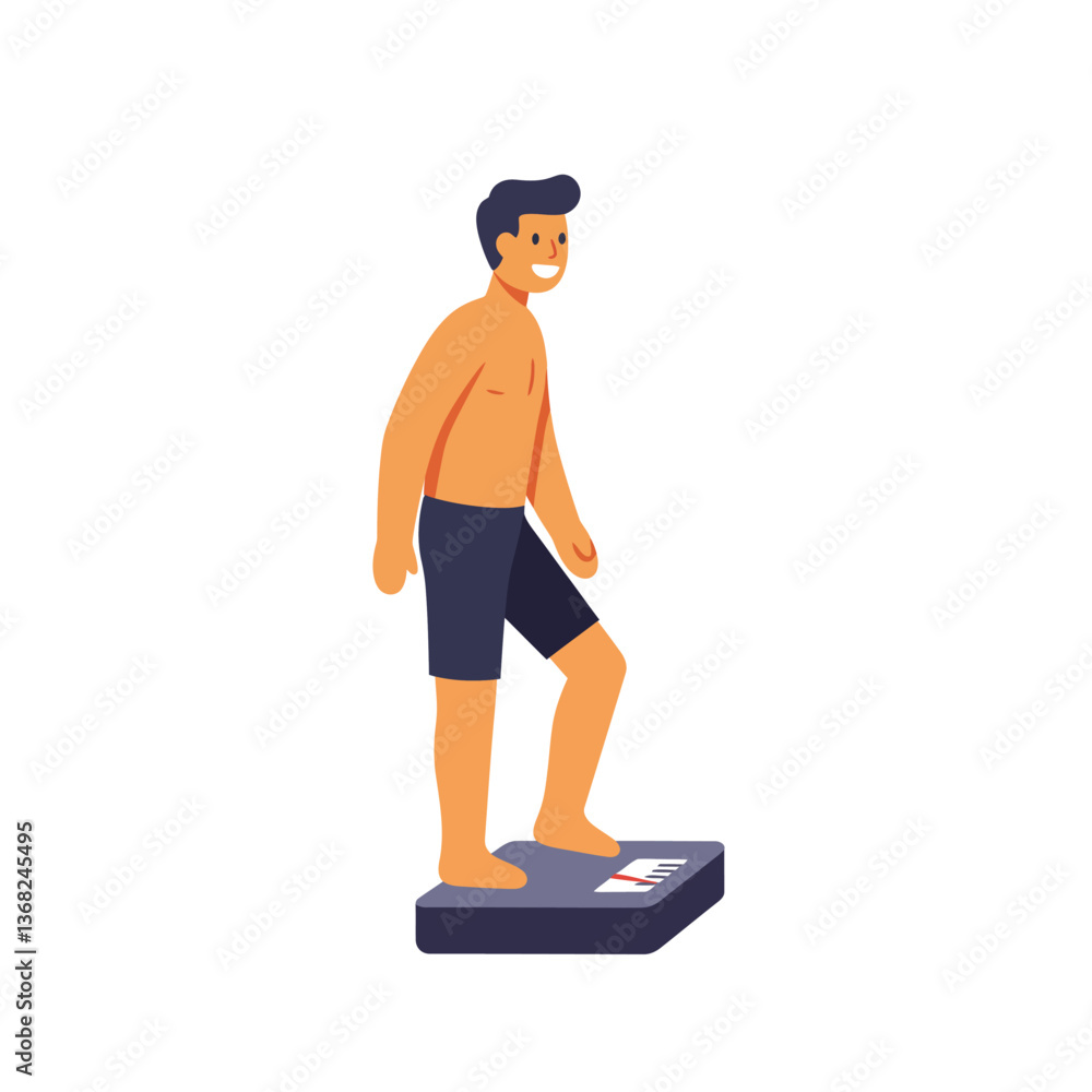 Poster person standing on a scale with a happy expression in minimal vector art
