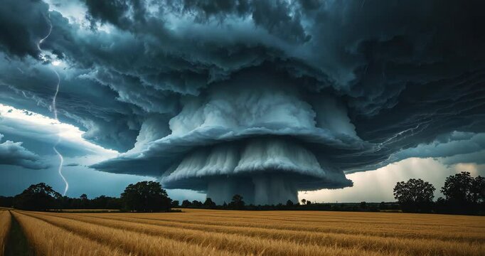 Irate supercell storm impacted by climate change. Hazardous storm cloud rotating rapidly.