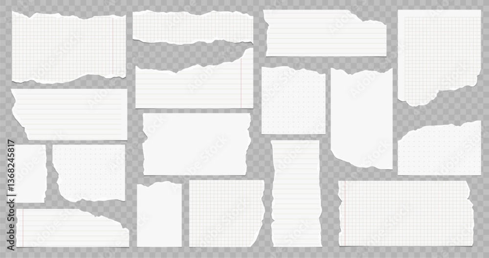 Poster collection of torn lined and squared paper strips. ripped paper scraps with rough edges. vector illu