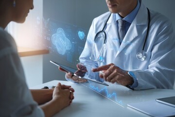Photo of a compassionate doctor consulting with a patient. The doctor is holding a tablet that displays intricate graphs and data