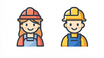 Cartoon illustration of a female worker and male worker wearing hard hats and overalls smiling