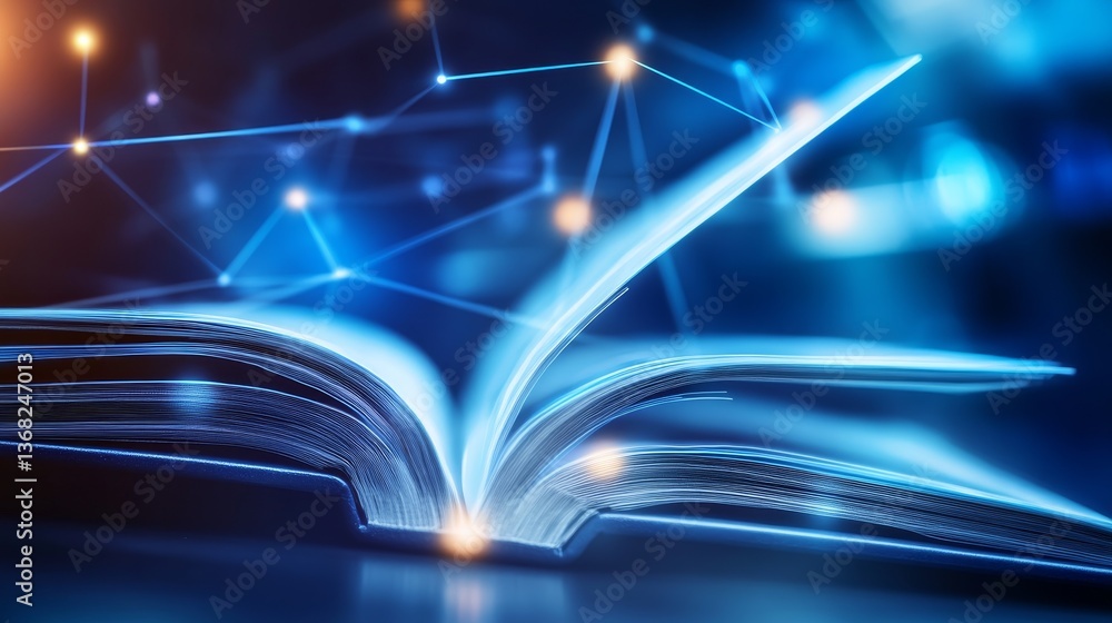 Poster an open book with glowing pages surrounded by digital connections in a futuristic setting