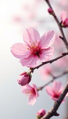 Obraz premium Beautiful single pink cherry blossom bloom isolated on white, spring botanical, spring, Cherry blossom