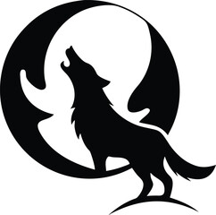 Howling Wolf Silhouette Under a Moon: A striking monochrome depiction of a wolf in silhouette, howling dramatically under a full moon, rendered in stark black and white.