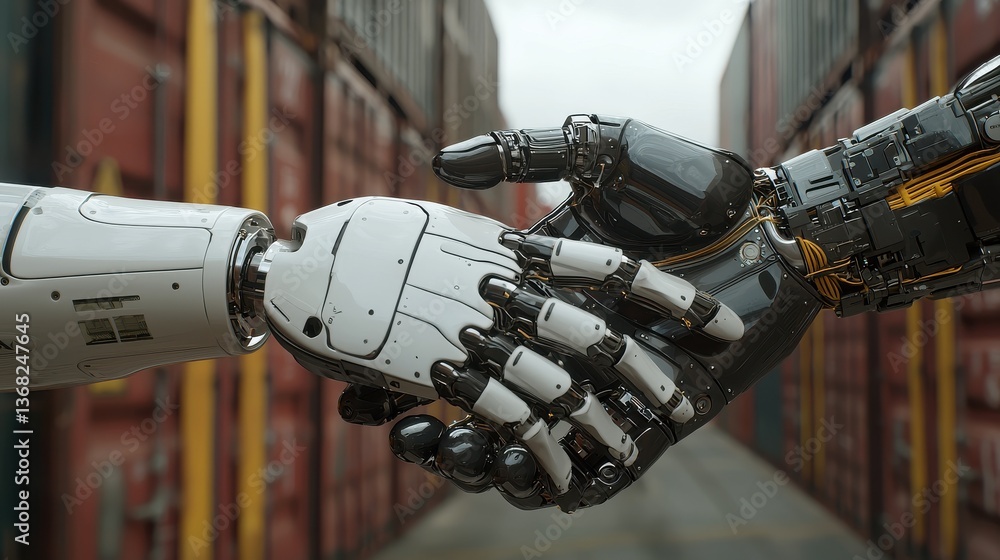 Poster advanced robots engaging in collaborative handshake symbolizing technology, adaptability, and future
