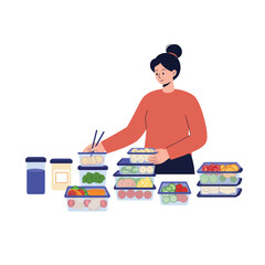 Fototapeta premium Woman organizing healthy meal prep in flat vector art style for efficient cooking