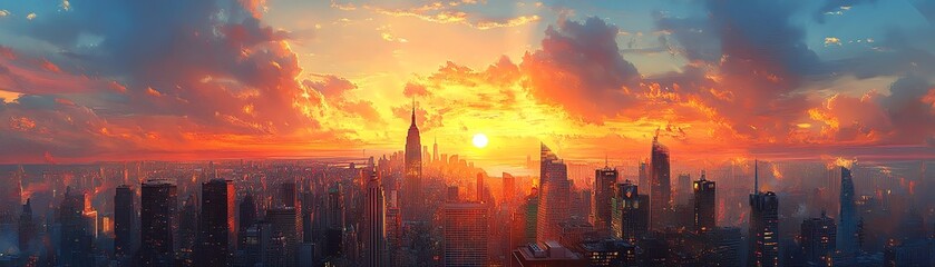 Fototapeta premium A vibrant sunset over a towering cityscape, casting golden hues on the buildings