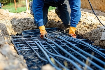 Worker installing geothermal heating system with pipes for sustainable energy and efficiency