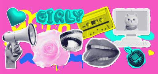 Collage of trendy girly halftone elements, 90s aesthetic, retro nostalgia torn out paper stickers set. Vector Y2K elements