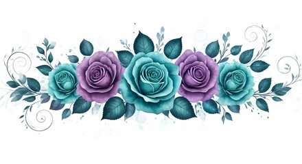 A mystical floral arrangement with purple and teal watercolor roses and swirling vines, AI Generated