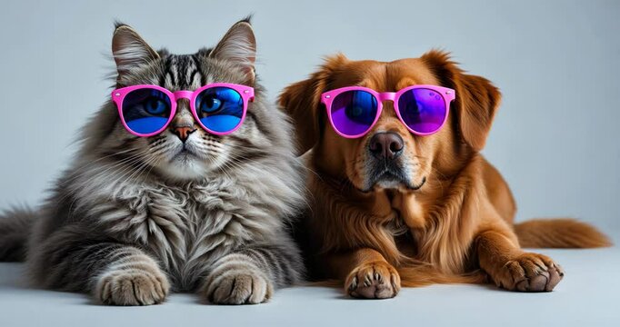 Cool group of dog and cat sporting summer sunglasses lounging together isolated on a white studio background portrait.