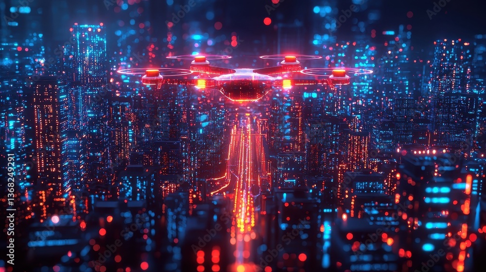 Poster futuristic drone gliding over a neon cityscape with data streams and high-tech elements in the backg