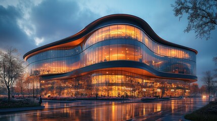 Obraz premium Night View of a Modern, Curvilinear Glass Building