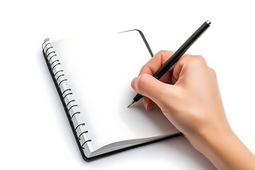Hand writing in spiral notebook with black pen for notes, planning and journaling on white