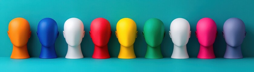Colorful display of artistic mannequin heads studio photography vibrant background front view creative concept