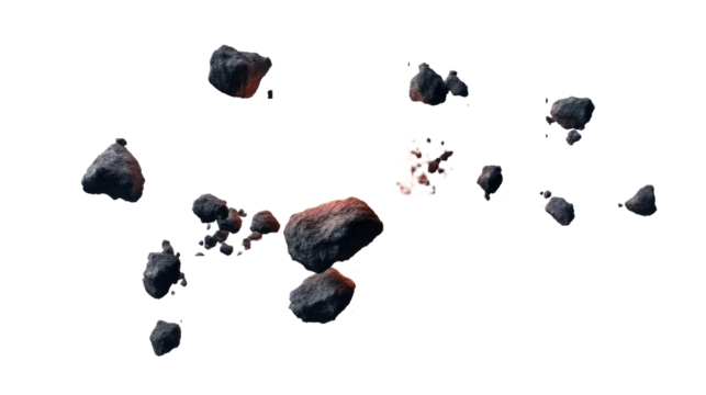 Asteroid field in deep space with cosmic dust cloud, cut out transparent