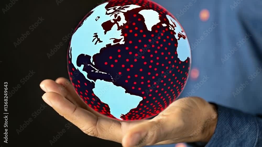 Poster Hand holding a globe with web . written on it and connected lines and dots around the world