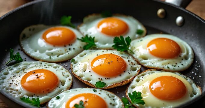 Freshly cooked fried eggs in a pan, seasoned with salt, pepper, and fresh parsley, close-up.