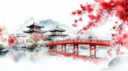 Obraz premium Watercolor Kyoto: Temples, Bridge, and Cherry Blossoms - Serene watercolor painting of Kyoto, Japan. Symbolising tranquility, beauty, tradition, spirituality