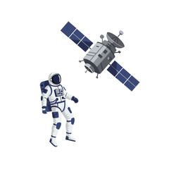 Fototapeta premium Astronaut exploring space next to satellite in flat vector art