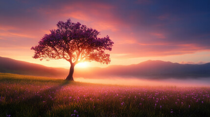 Obraz premium Sunset over a blossoming tree serene landscape nature photography misty environment warm viewpoint tranquility concept