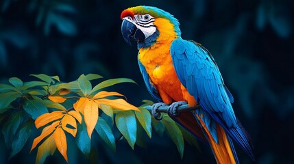 Obraz premium Vibrant Blue and Gold Macaw Parrot Perched on Branch Against Dark Tropical Background