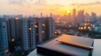 A Closed Spiral-Bound Notebook with a Pencil Resting on Top Overlooking a Vibrant Cityscape at Sunset Amidst Clouds and Golden Sky Hues
