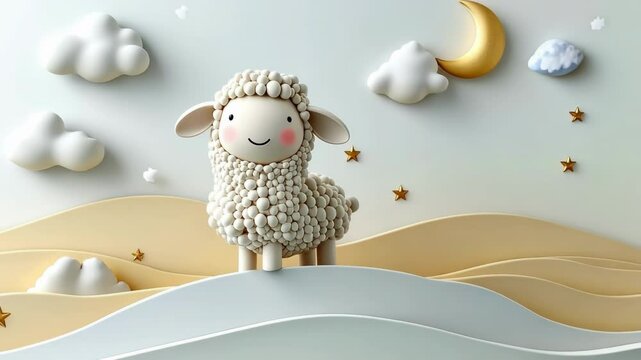 Cute cartoon sheep on dreamy cloudy landscape with stars and crescent moon. Eid al-Adha Mubarak. Kurban Bayram