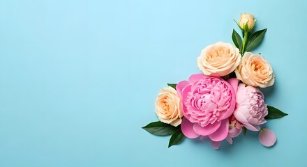 Fototapeta premium A romantic floral arrangement with soft pastel roses and peonies on a pale blue background, AI Generated