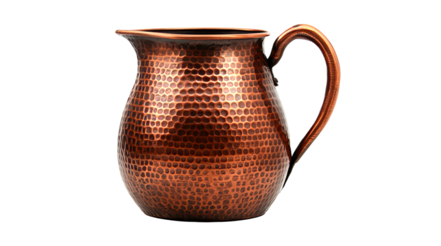 Stylish copper pitcher with hammered design, cut out transparent