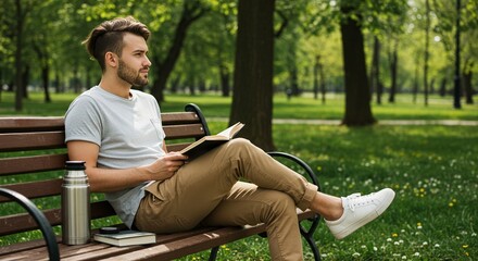 Fototapeta premium A young man sits on a green park bench, book open, amidst summer nature