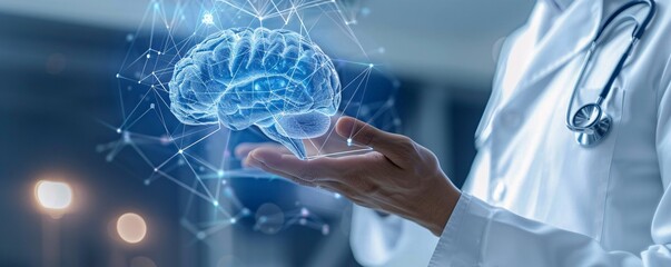 Innovative healthcare and medicine: doctor showcasing futuristic holographic projection of the human brain