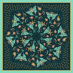 Red and yellow scarf or bandana with luna moths and paisley mandala pattern. Ethnic vibrant carpet design with butterfly and moon. Abstract boho nocturnal insects background.