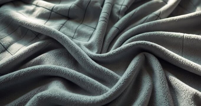 Fleece. Top view of a warm, soft, crumpled plaid on the bed. Soft blanket close-up.
