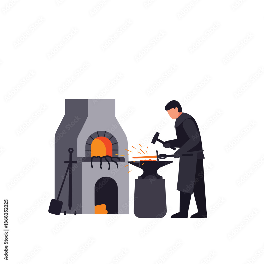 Poster blacksmith working at an anvil with furnace in flat vector art