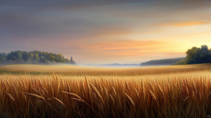 Obraz premium Golden wheat fields at sunset rural landscape nature photography serene environment wide-angle view tranquility and beauty