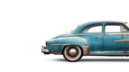 Fototapeta premium Side view of a weathered blue classic car with white wall tires on a white isolated background