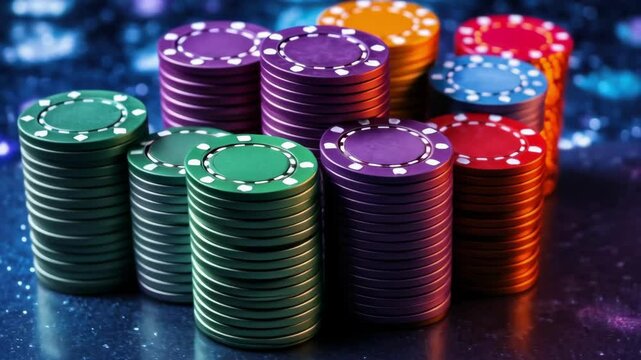 Colorful poker chip stacks on glittering surface in casino setting