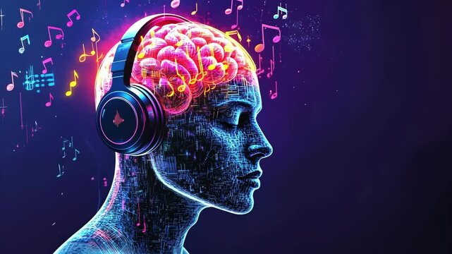 Digital art: human brain with headphones and music notes in futuristic style