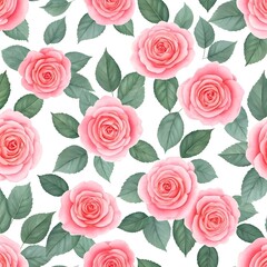 Naklejka premium A seamless watercolor floral pattern featuring pink roses and green leaves on a white background, AI Generated