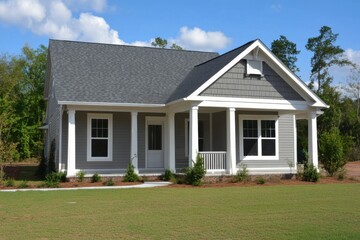 Newly constructed single-family home with modern design situated in a suburban neighborhood on a sunny day among lush greenery