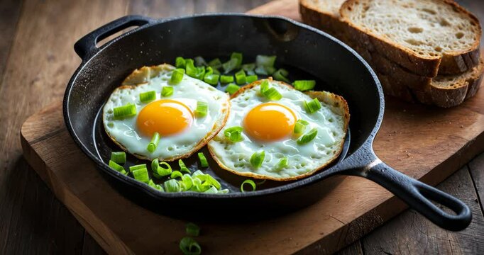 Fried eggs served with bread and leek in a cast iron skillet atop a wooden board.