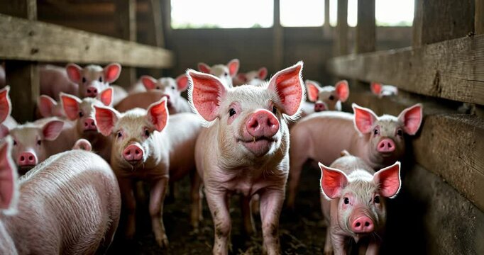 A young piglet on the farm. A group of mammals waiting for feed. Swine in the pen.