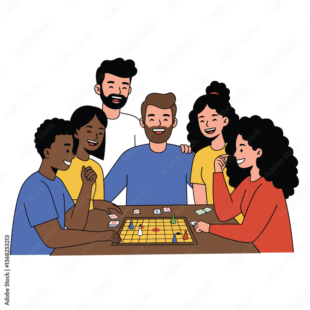 Poster group of friends enjoying a board game in flat style vector art