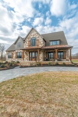 Beautiful countryside home with stone facade and expansive yard surrounded by nature under a clear blue sky in late afternoon light