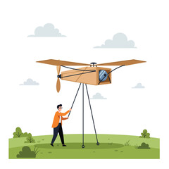 Man operating a wooden airplane model in a flat vector art style