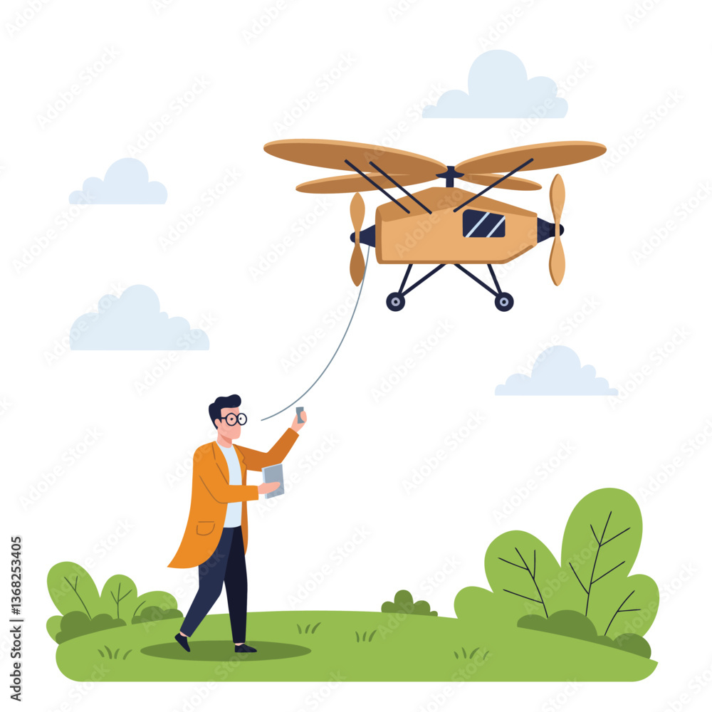 Poster man operating a drone in a park with flat design vector art