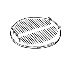 Vector round grill grid with two handles line ink illustration in black and white. Wire rack graphic sketch for outdoor cooking manuals and metalwork catalogs. Kitchen accessory for street barbecue